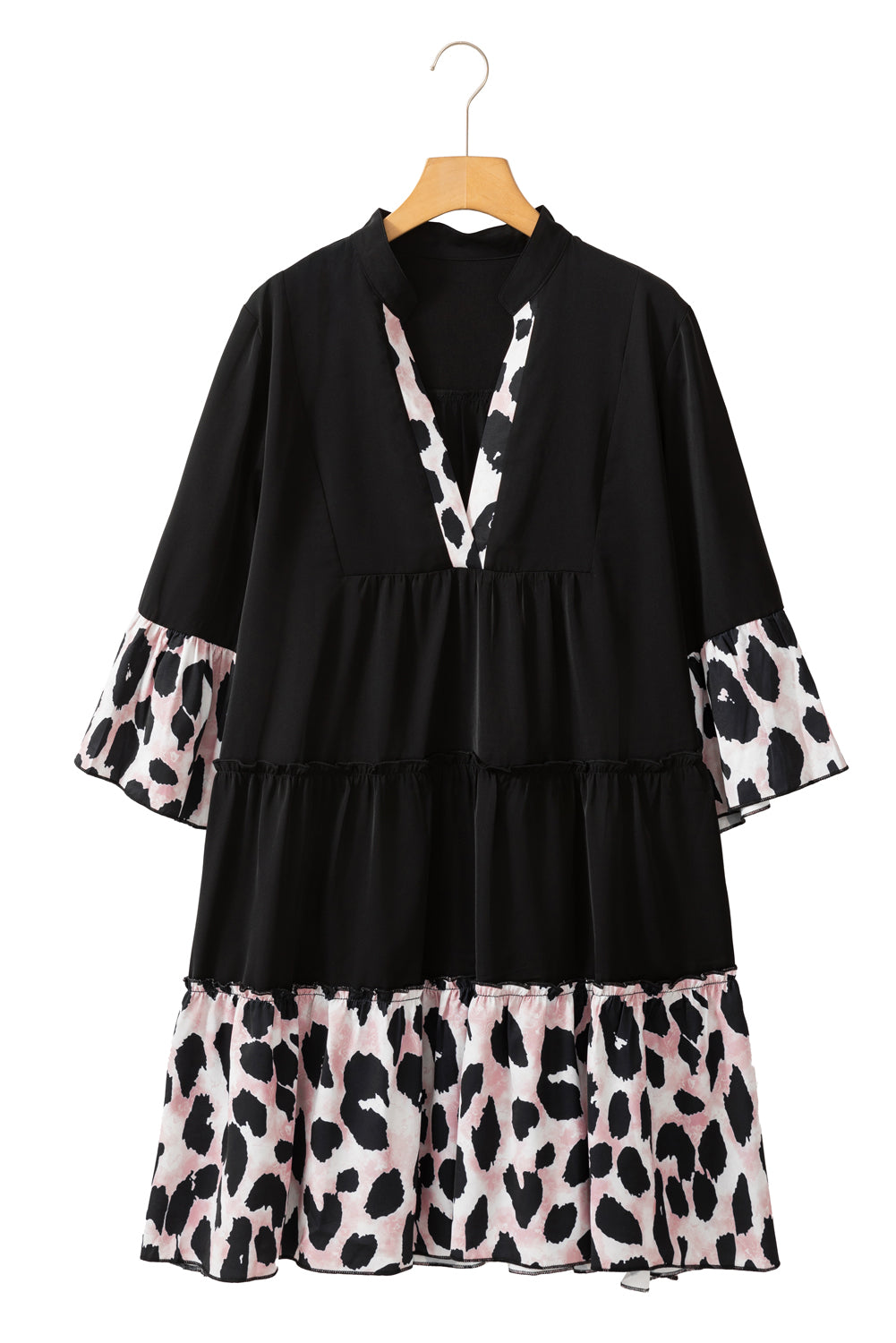 Black Leopard Patchwork Ruffle Plus Size Dress