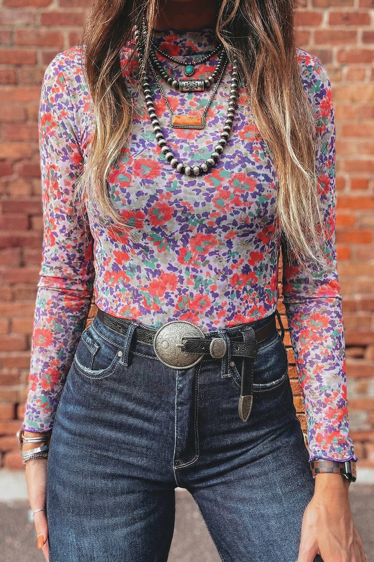 Blue Floral Print Slim Fit Mesh Long Sleeve Mock Neck Top