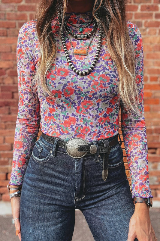 Blue Floral Print Slim Fit Mesh Long Sleeve Mock Neck Top