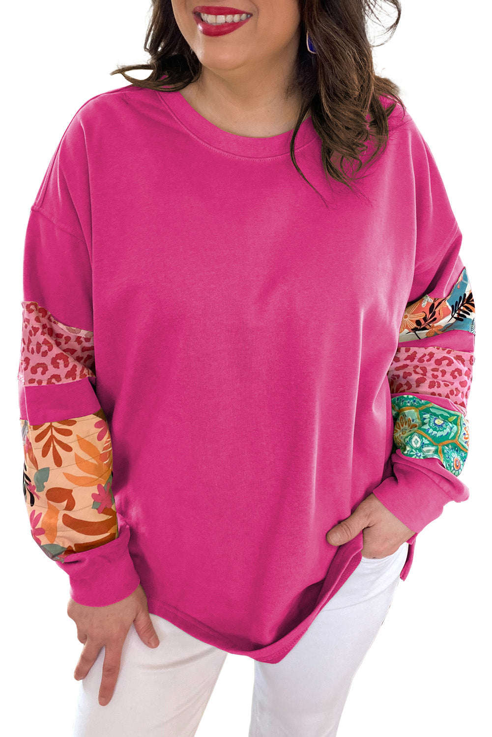 Rose Red Leopard Patchwork Sleeve Split Plus Sweatshirt