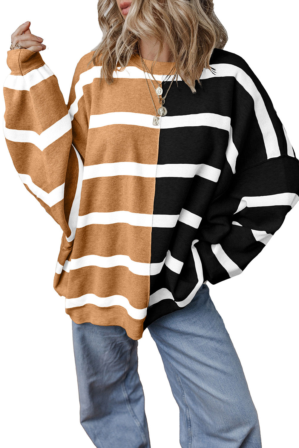 Khaki Stripe Exposed Seam Loose Sweatshirts