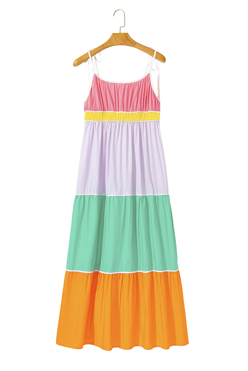 Multicolor Colorblock Self Tie Straps High Waist Flowy Maxi Dress with Pockets