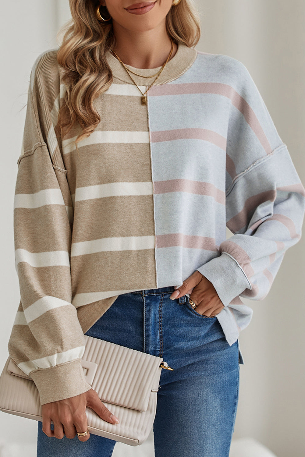 Khaki Stripe Exposed Seam Loose Sweatshirts