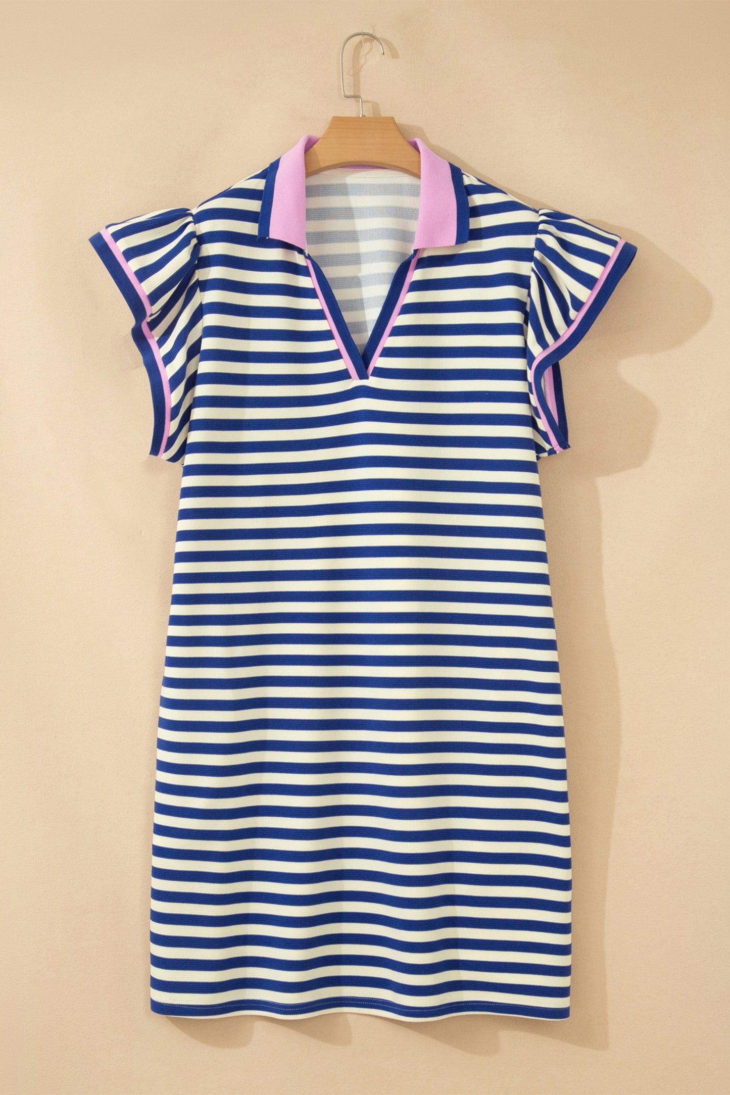 Dark Blue Striped Shift Dress Colorblock V Neck Short Sleeve Casual Summer