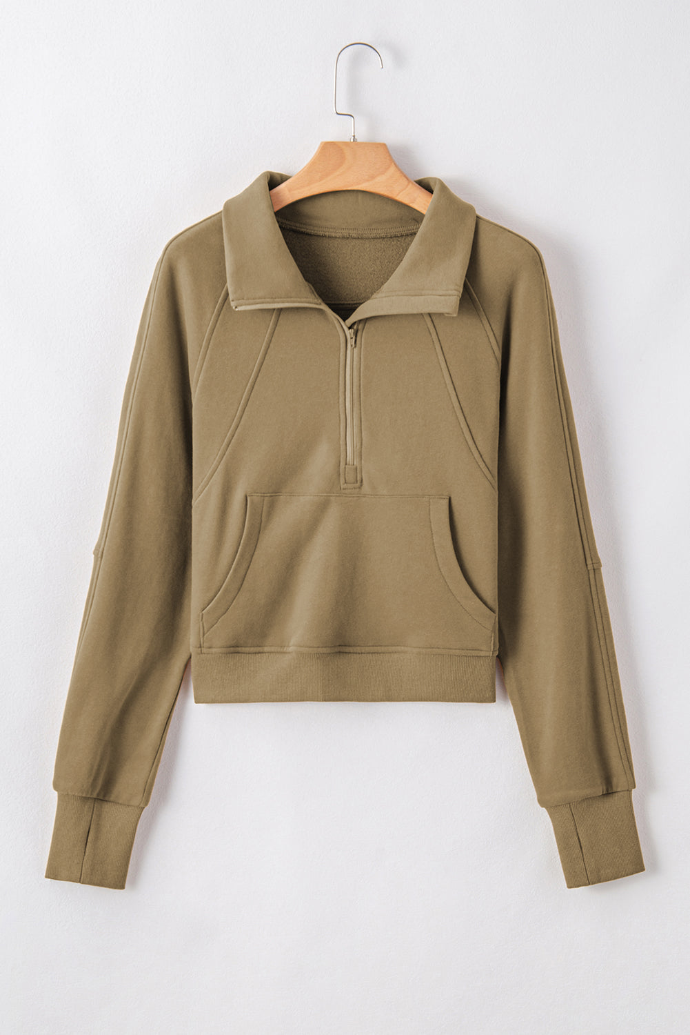 Green Zip Up Stand Collar Ribbed Thumbhole Sleeve Sweatshirt