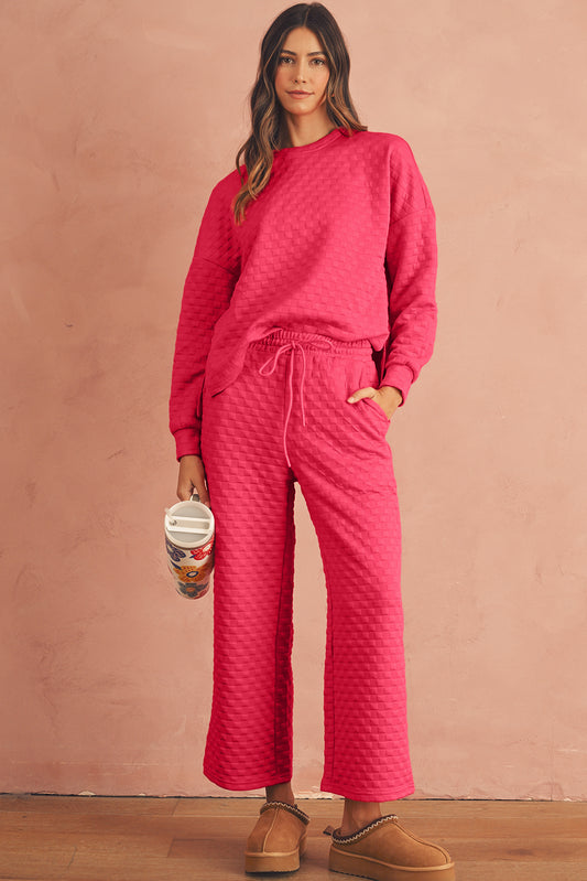 Strawberry Pink Checkered Textured Split Pullover Top and Pants Set