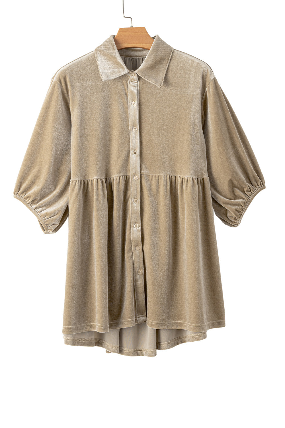 Khaki Lantern Sleeve Tunic Babydoll Velvet Shirt