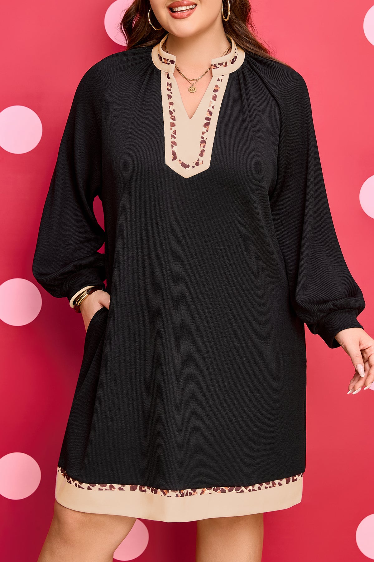 Black Contrast Color Block Leopard Trim Plus Size Ribbed Dress
