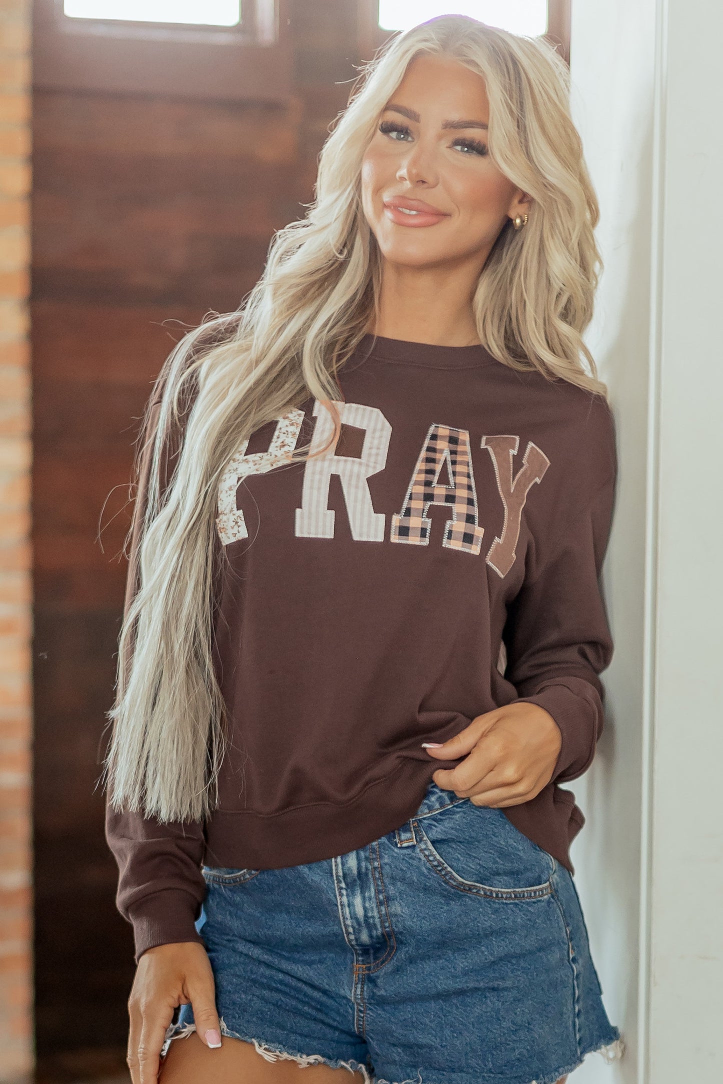 Coffee Floral Buffalo Plaid Striped Embroidered Patch Western Pullover Sweatshirt