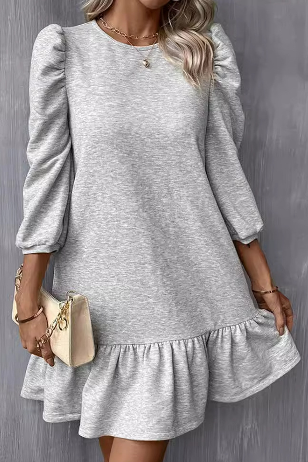 Light Grey Solid Color Ruffle Hem Bracelet sleeve Round Neck Dress