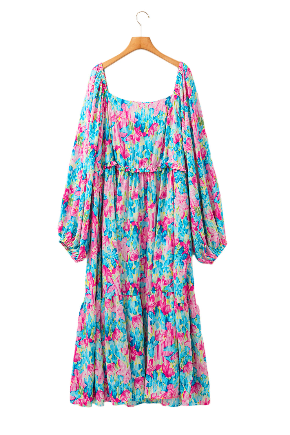 Sky Blue Floral Allover Print Square Neck Plus Size Maxi Dress