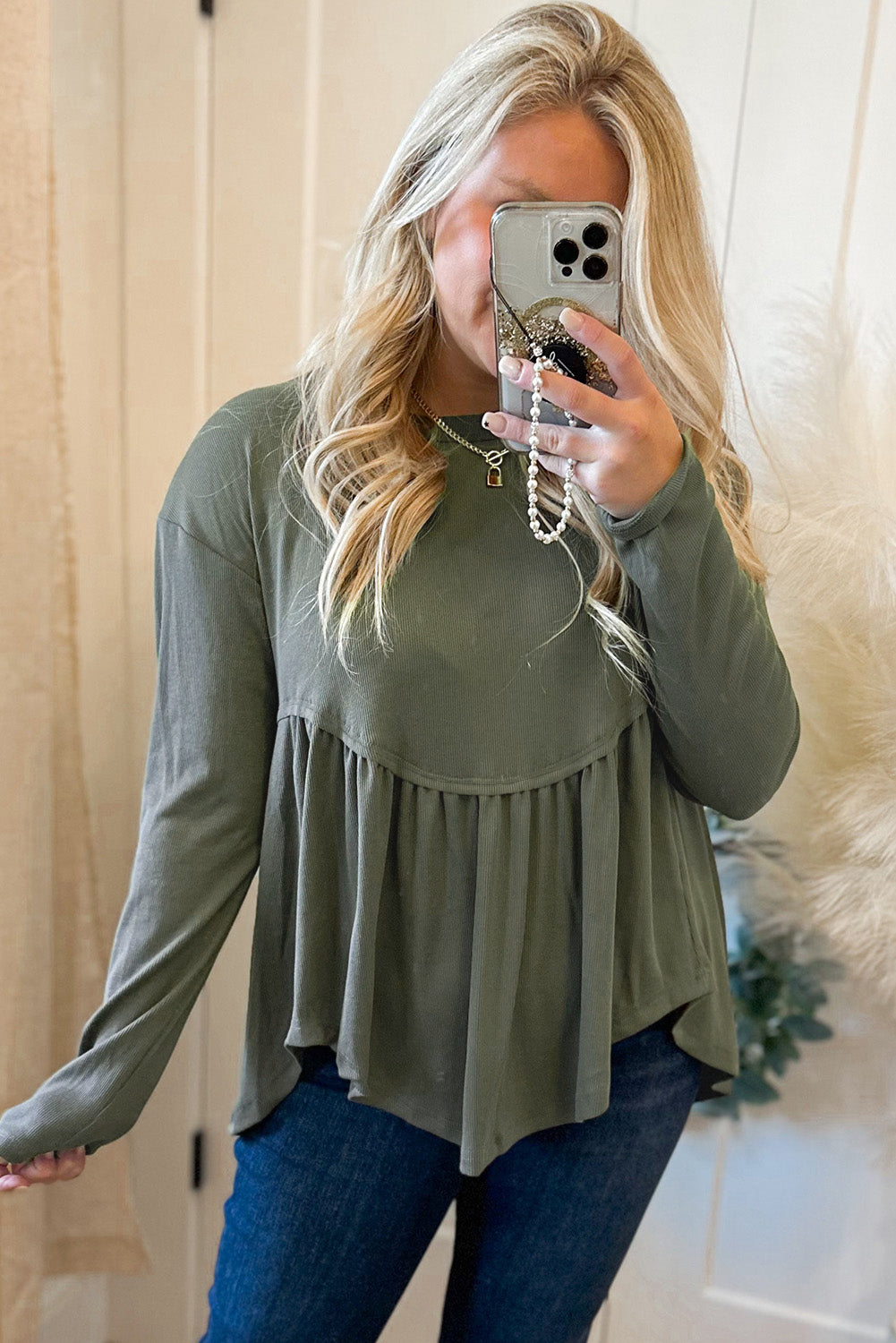 Mist Green Plus Size Thermal Knitted Babydoll Flare Top