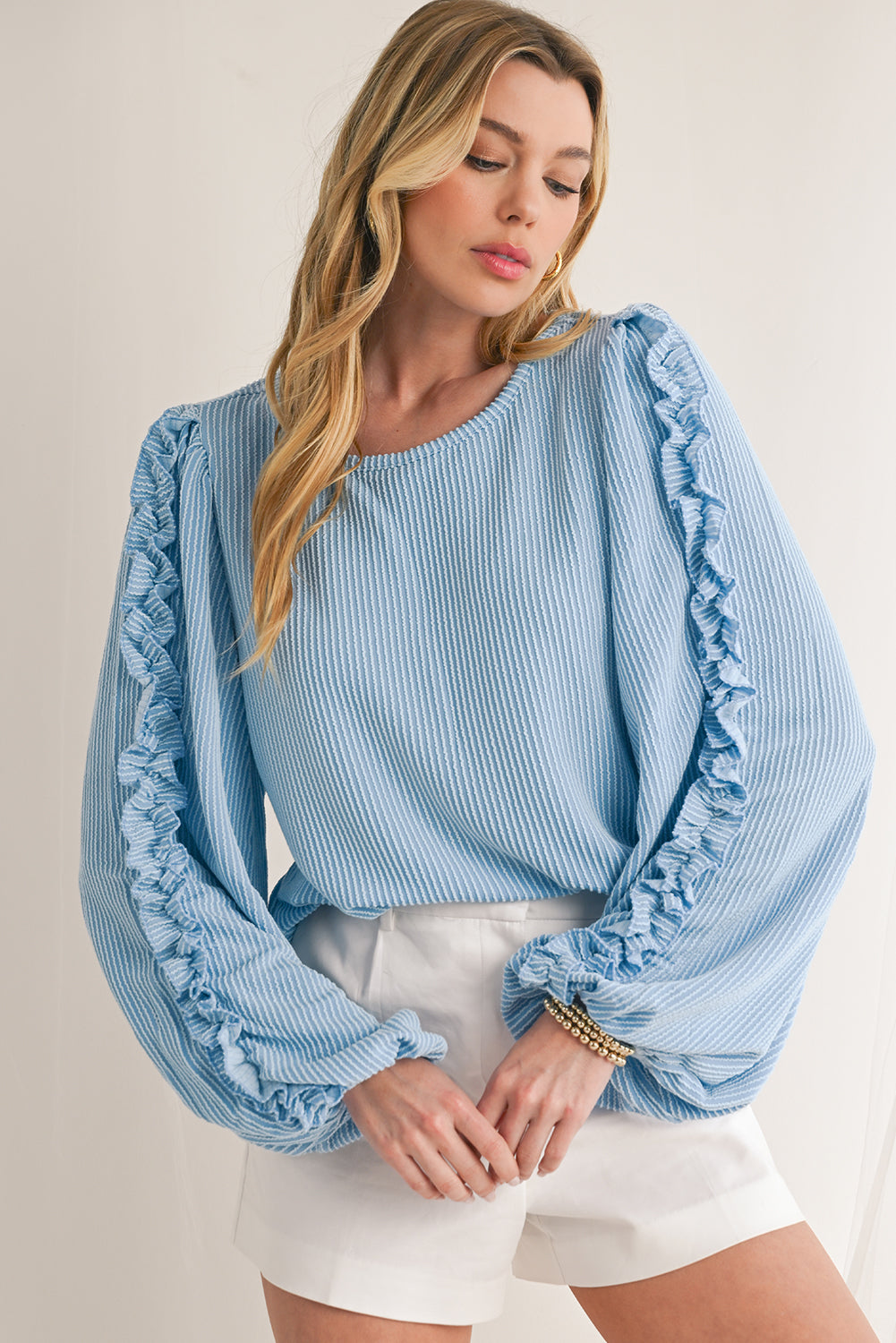 Mist Blue Corded Frill Detail Puff Sleeve Top