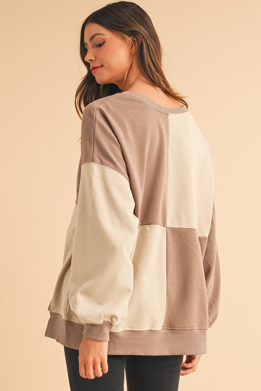 Pink Colorblock High Low Loose Henley Sweatshirt