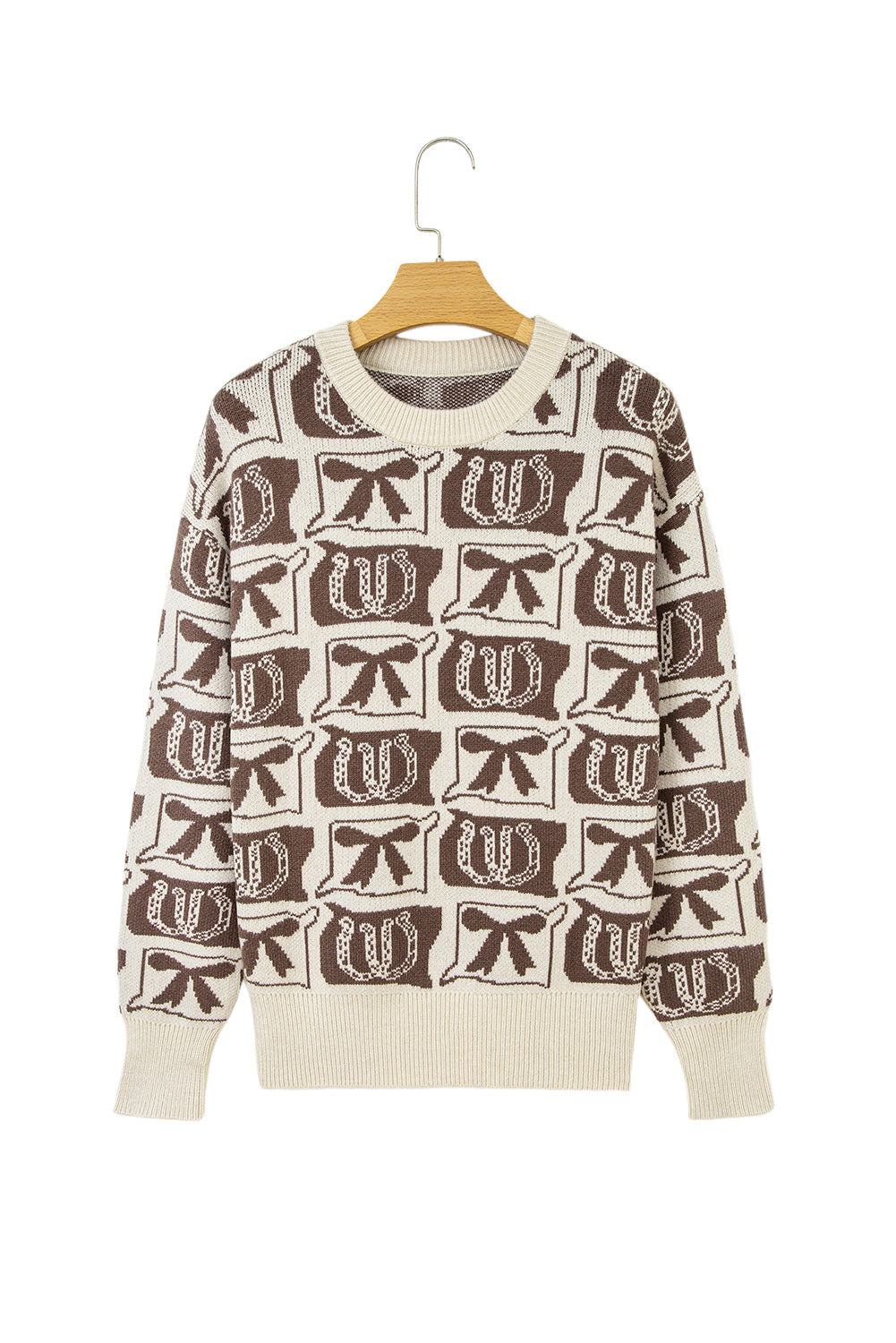 Brown Colorblock Bow Pattern Drop Sleeve Sweater