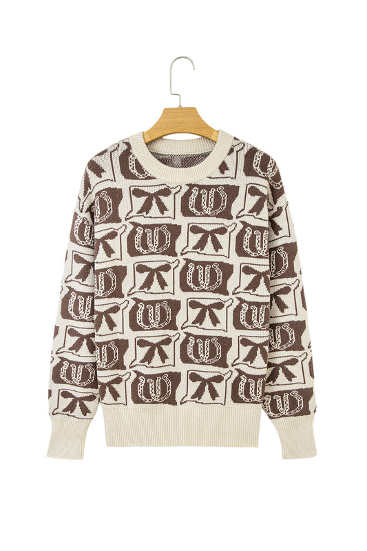 Brown Colorblock Bow Pattern Drop Sleeve Sweater