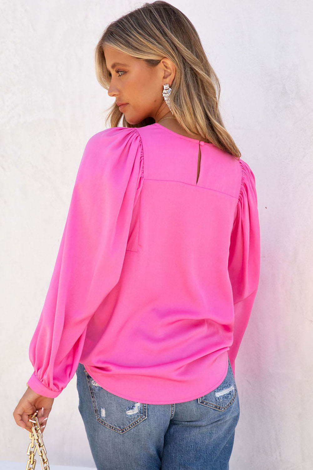 Pink Plain Satin Puff Long Sleeve Crewneck Blouse