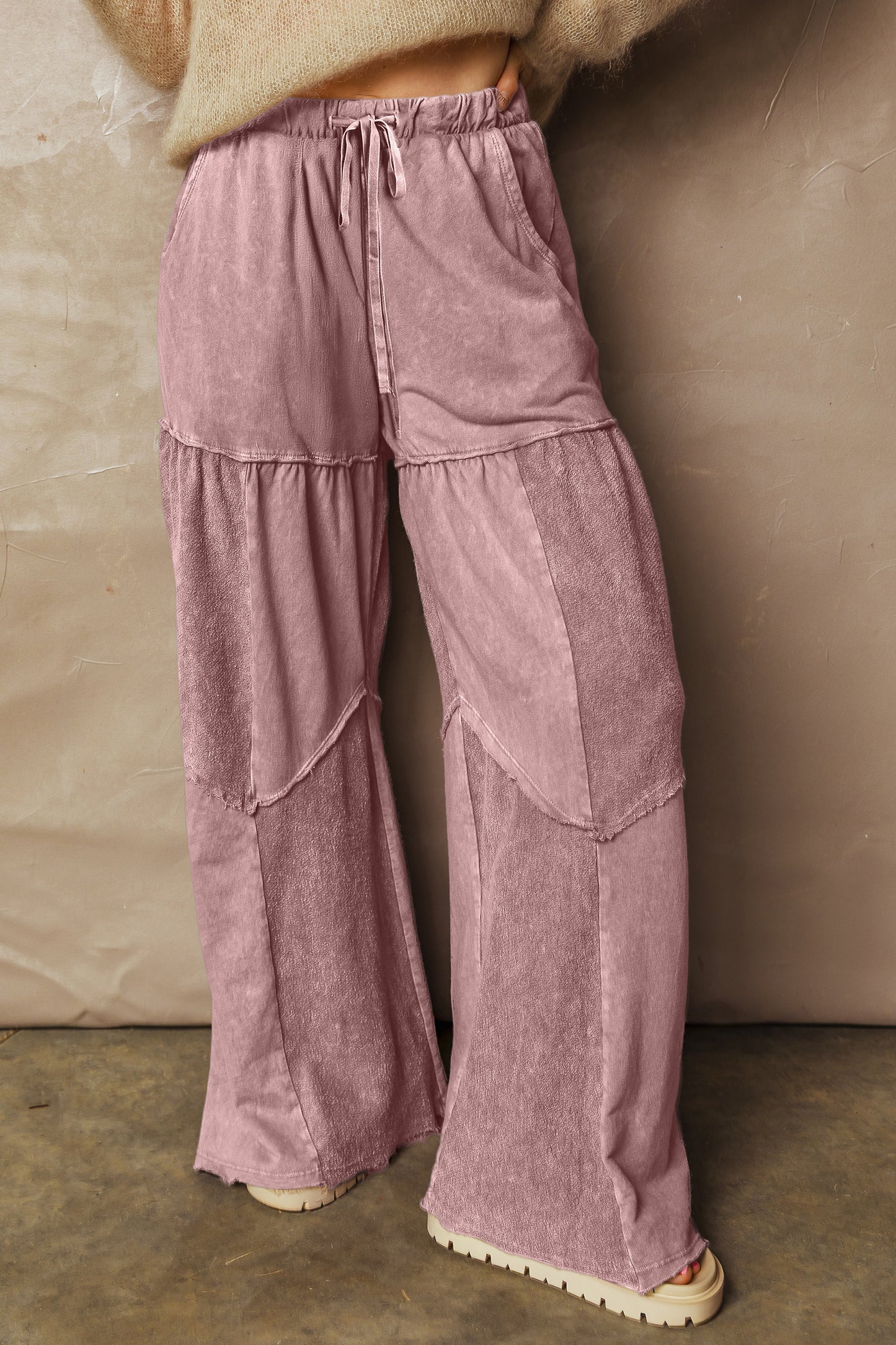 Careys Mineral Wash Tiered Wide Leg Patchwork Drawstring Pants