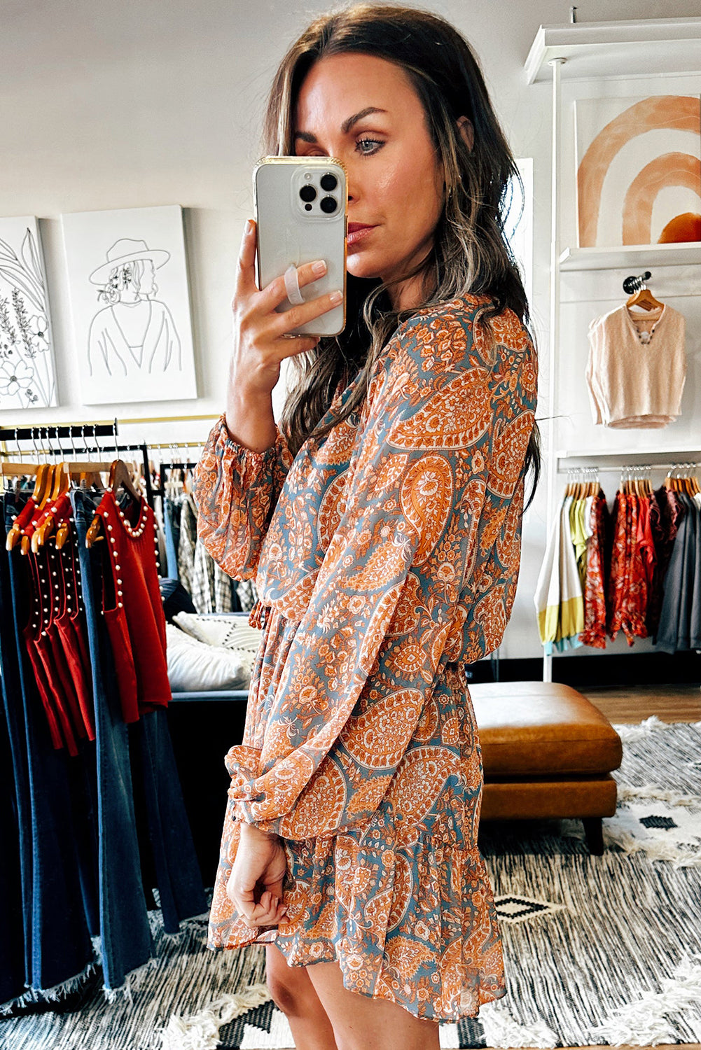 Orange Paisley Print Loose Fit Drawstring High Waist Mini Dress