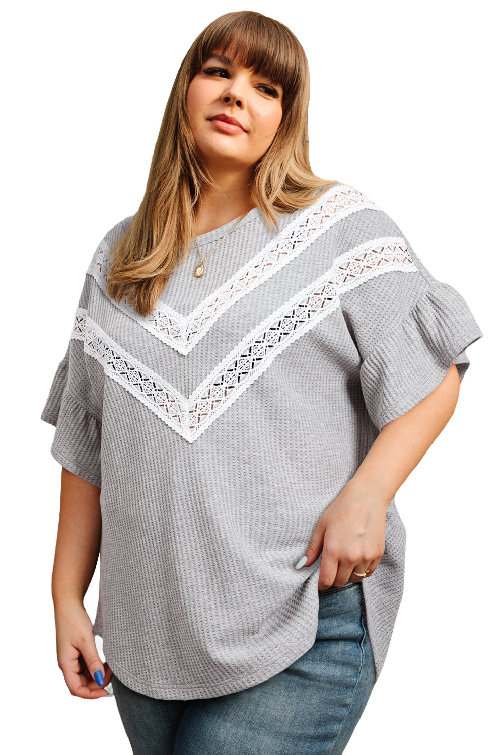 Light Grey Lace Patchwork Ruffle Sleeve Waffle Plus Size Top