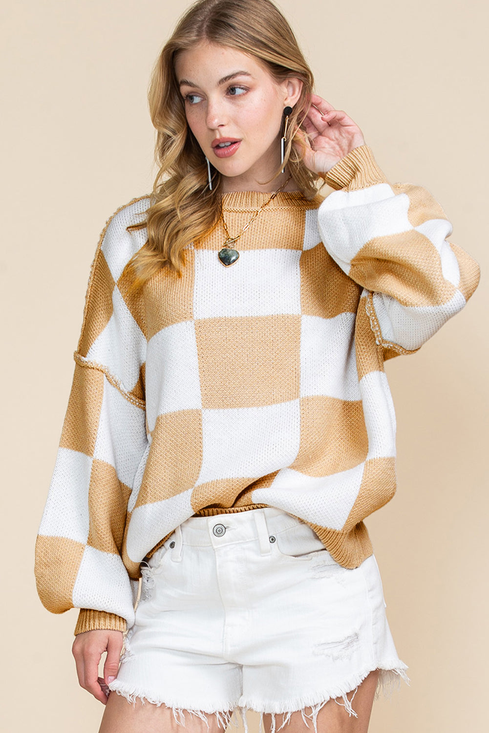 Rose Checkered Bishop Sleeve Pullover Sweater