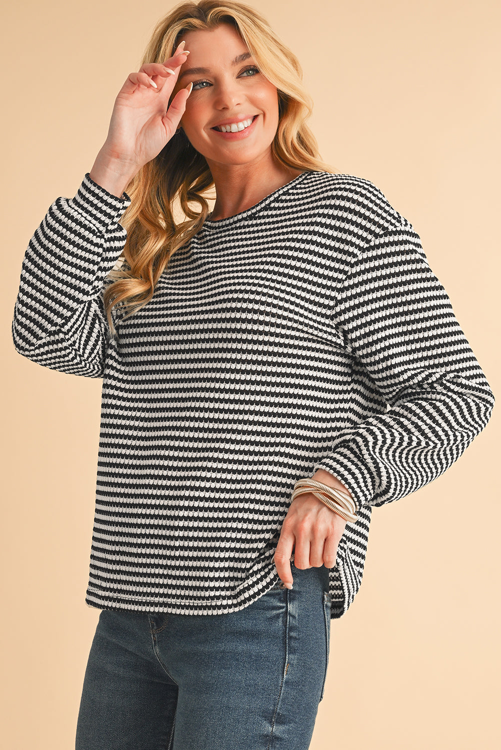 Rose Stripe Round Neck Drop Shoulder Long Sleeve Top