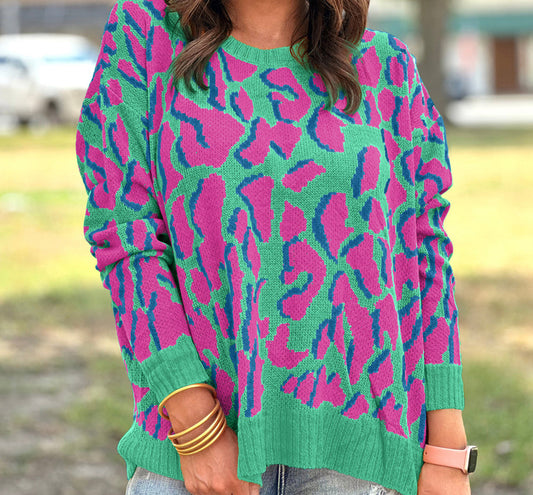 Green Abstract Print Ribbed Trim Baggy Sweater
