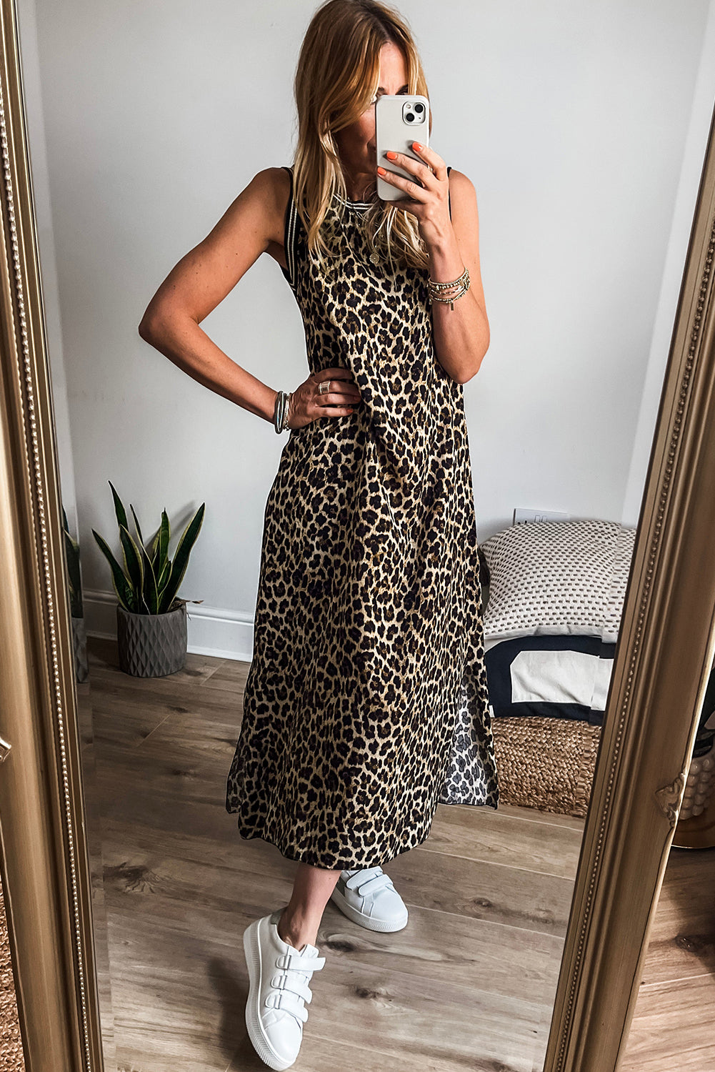 Black Contrast Striped Trim Leopard Sleeveless Midi Dress