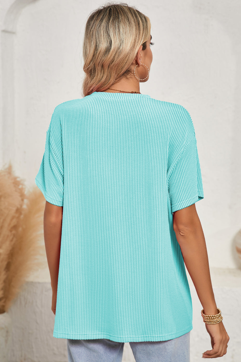 Turquoise Crinkle Rib Knit Pocketed Loose Fit Crew Neck T Shirt