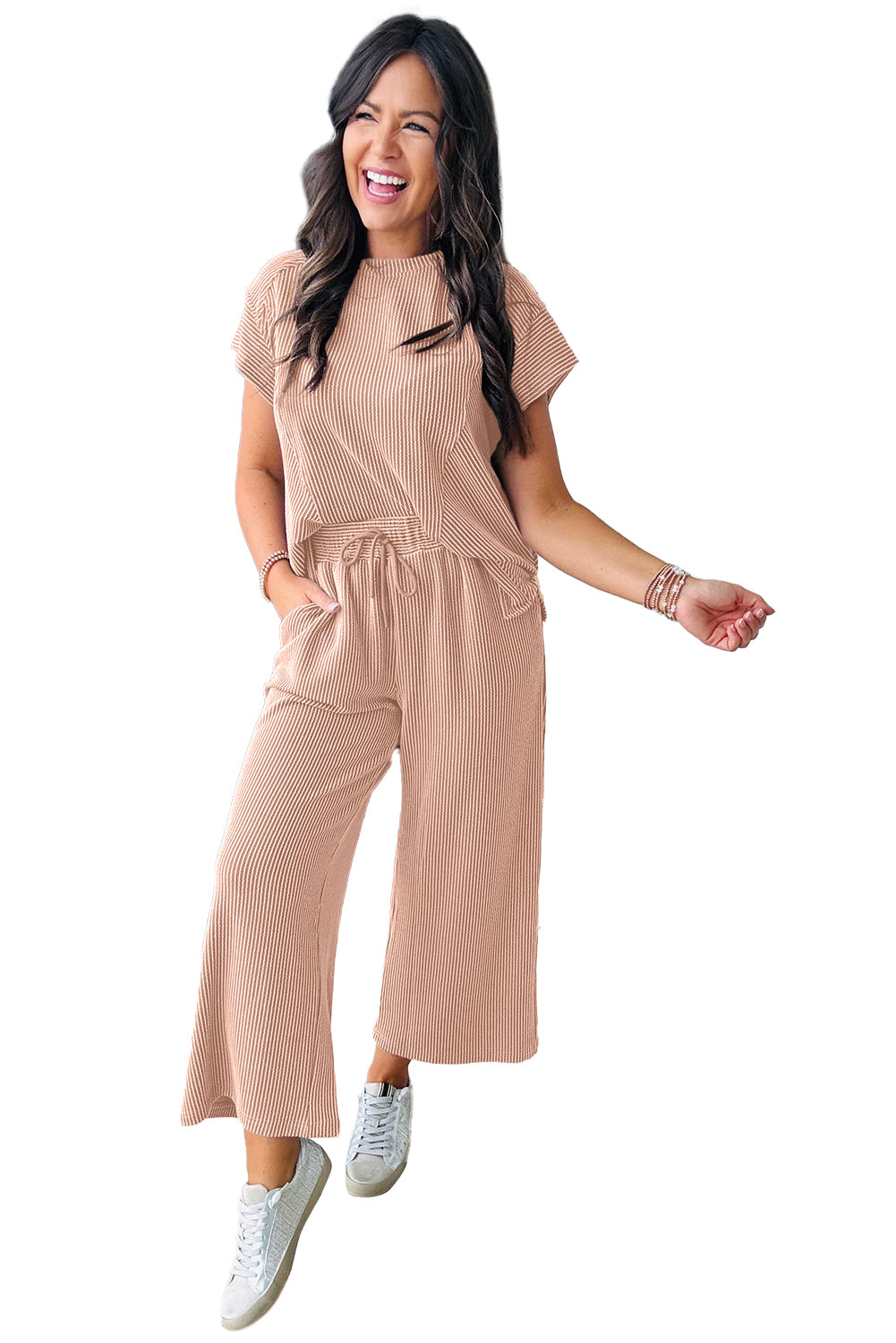 Bright Pink Solid Corded Short Sleeve T Shirt and Wide Leg Pants Set