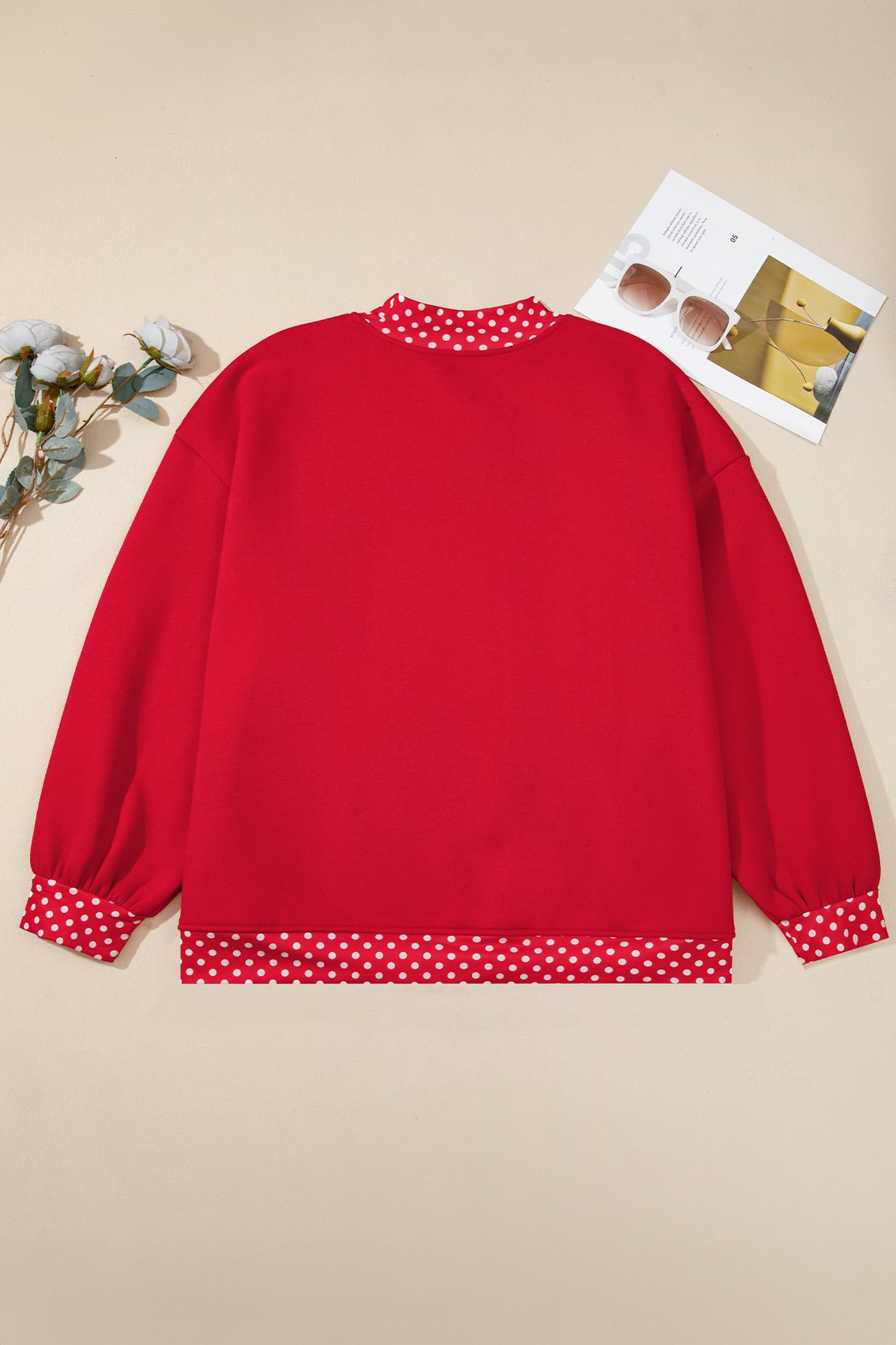 Red Polka Dot Patchwork Round Neck Plus Size Sweatshirt