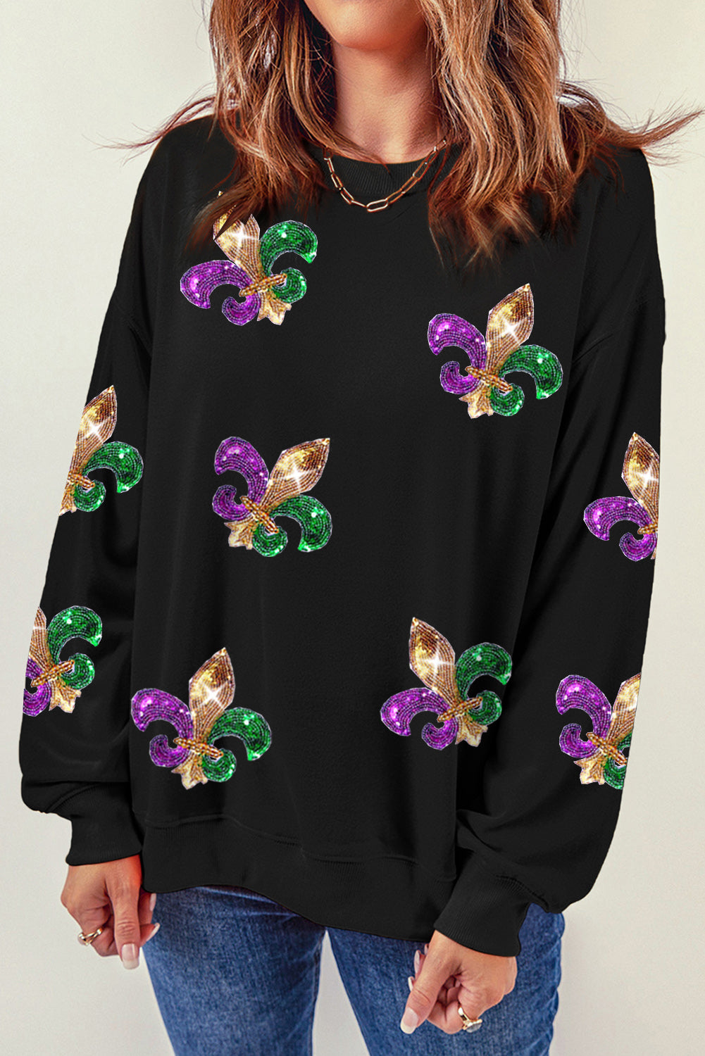 Khaki Sequin MARDI GRAS Graphic Pullover Sweatshirt