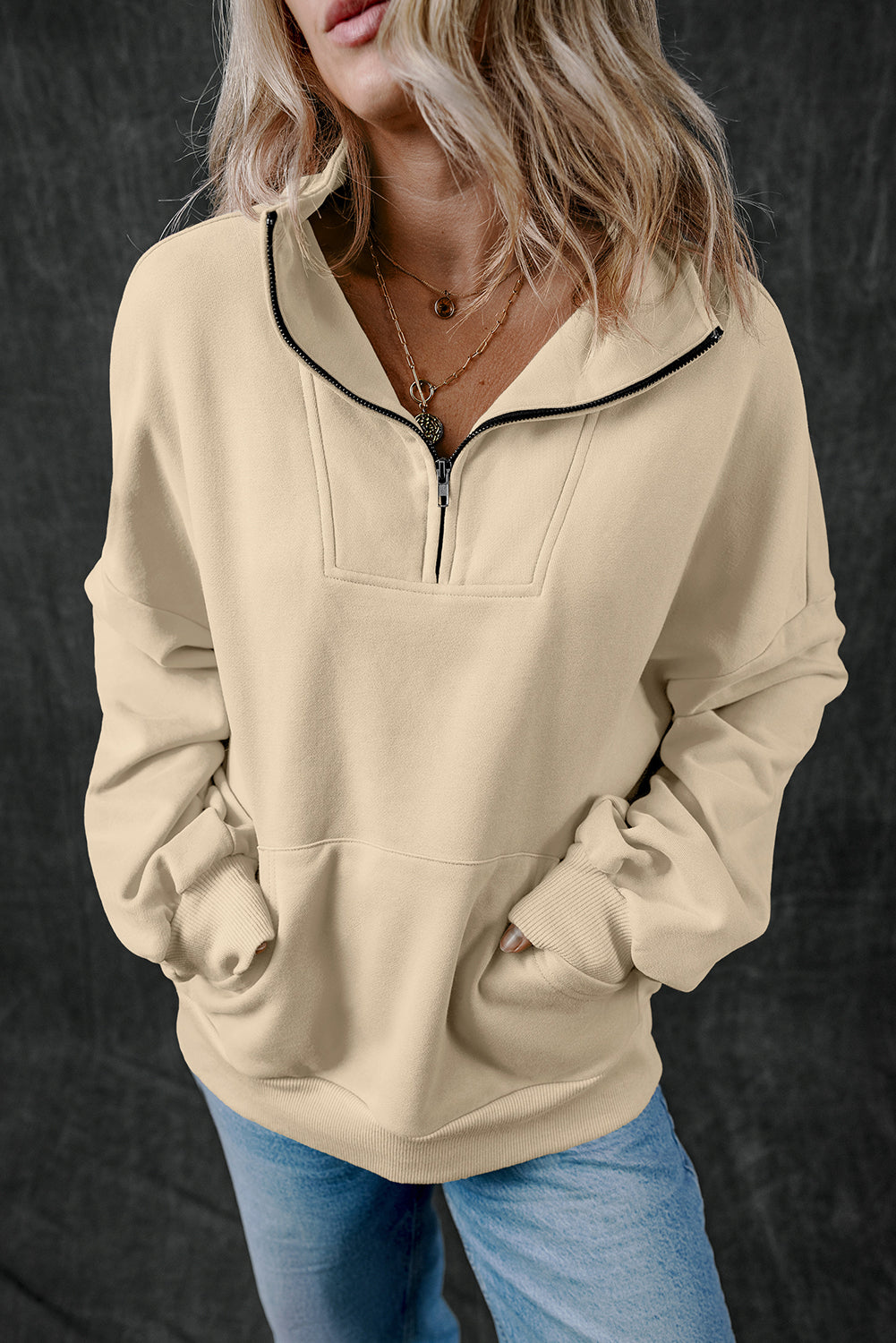 Bonbon Zip-up Stand Neck Kangaroo Pocket Sweatshirt