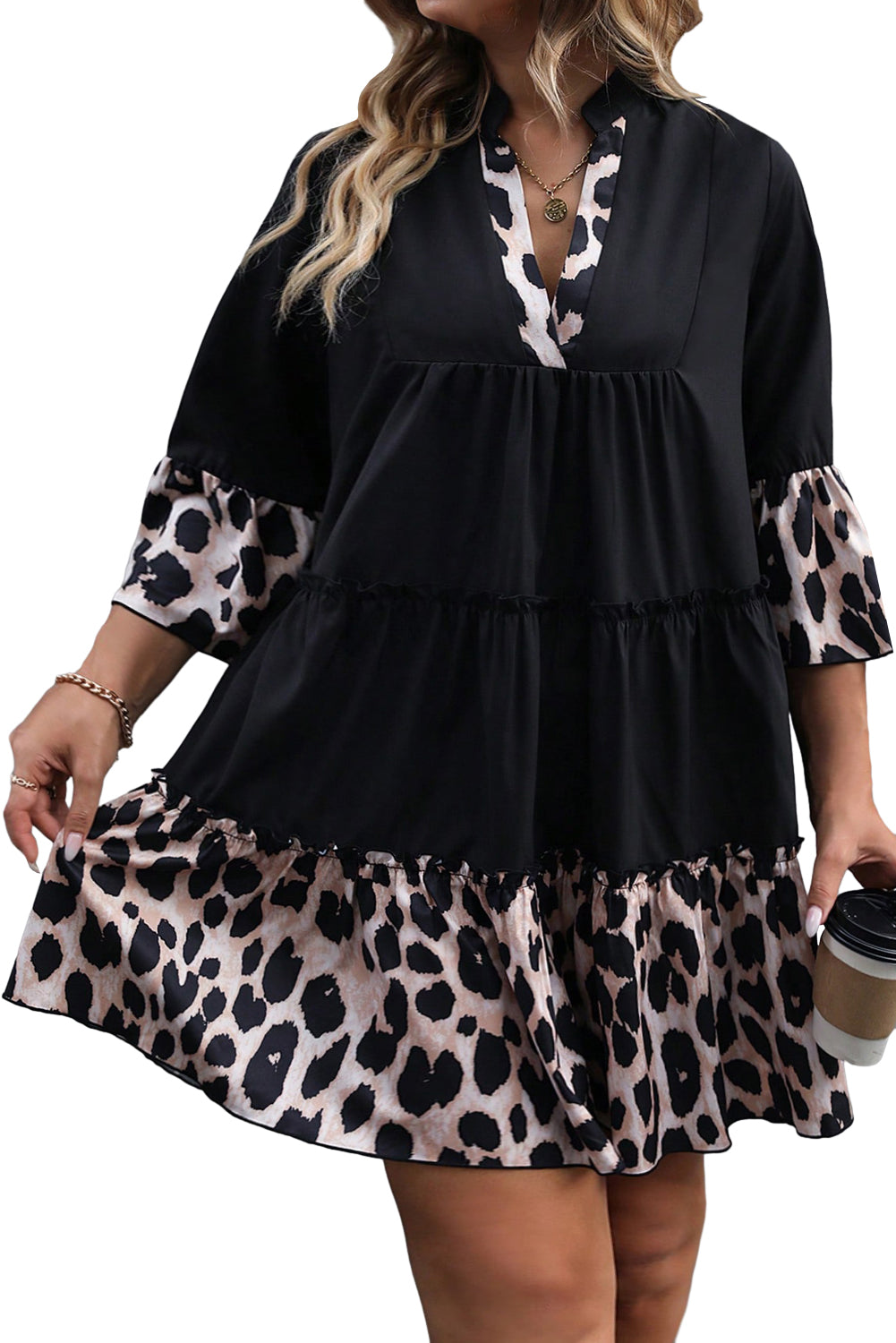 Black Leopard Patchwork Ruffle Plus Size Dress