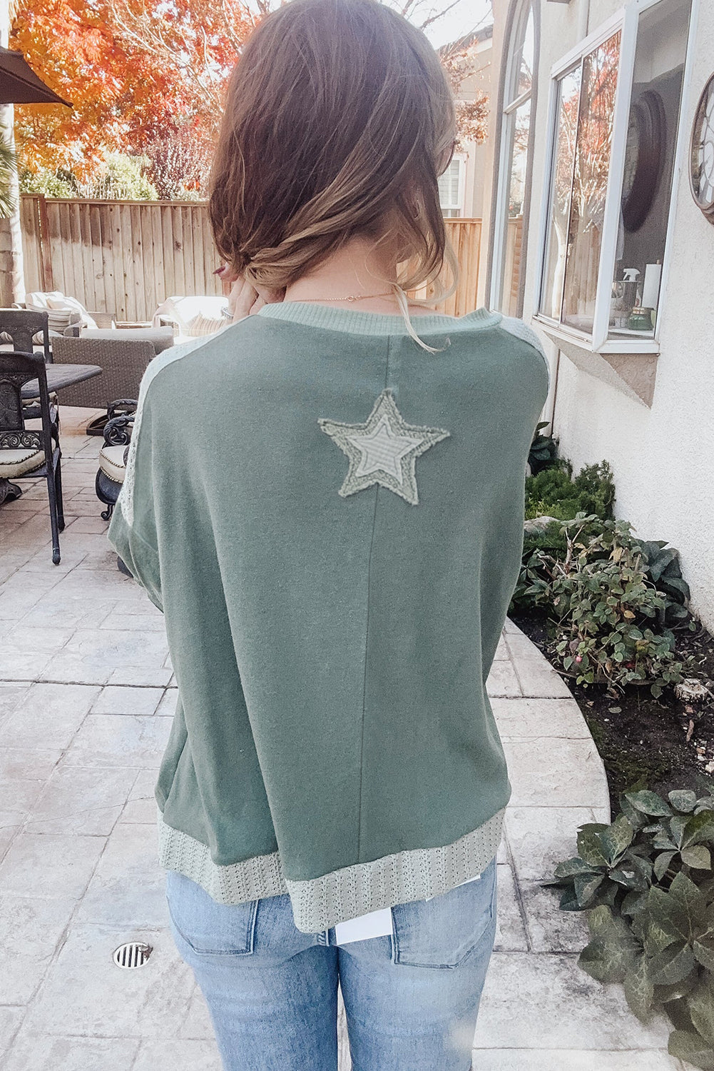 Mist Green Stars Patchwork Round Neck Plus Size Top