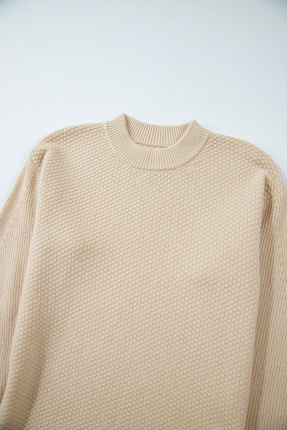 Parchment Solid Textured Knit Split Cuff Drop Shoulder Sweater