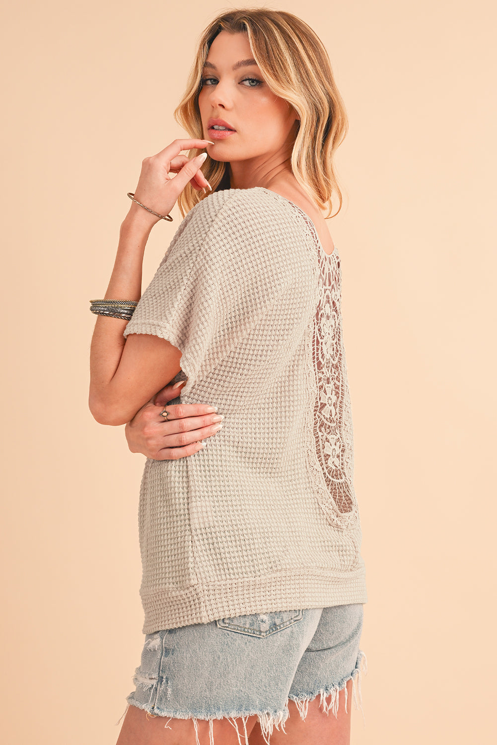 Oatmeal Lace Back Waffle Textured T-shirt