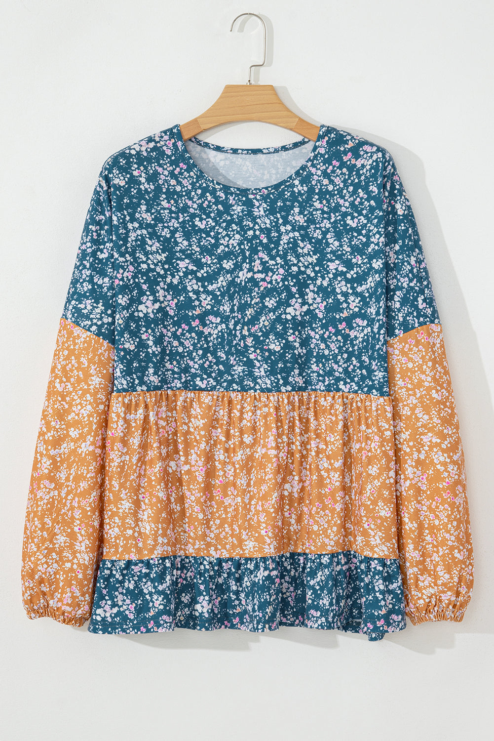 Orange Ditsy Floral Color Block Ruffle Hem Long Sleeve Top