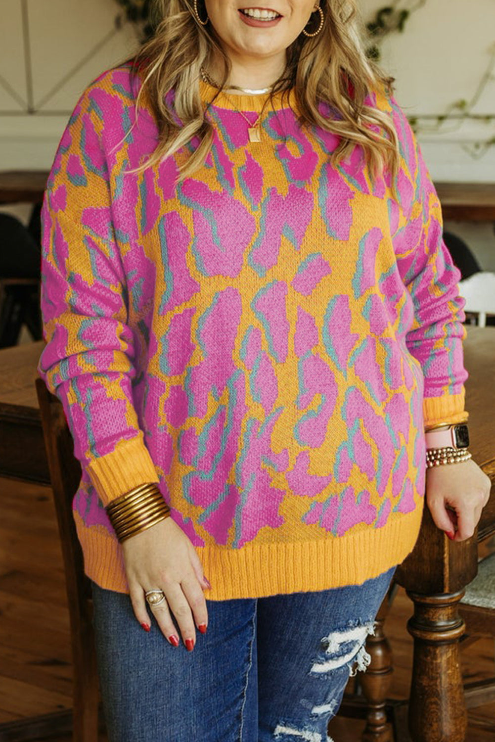 Bright Pink Plus Size Leopard Ribbed Trim Sweater