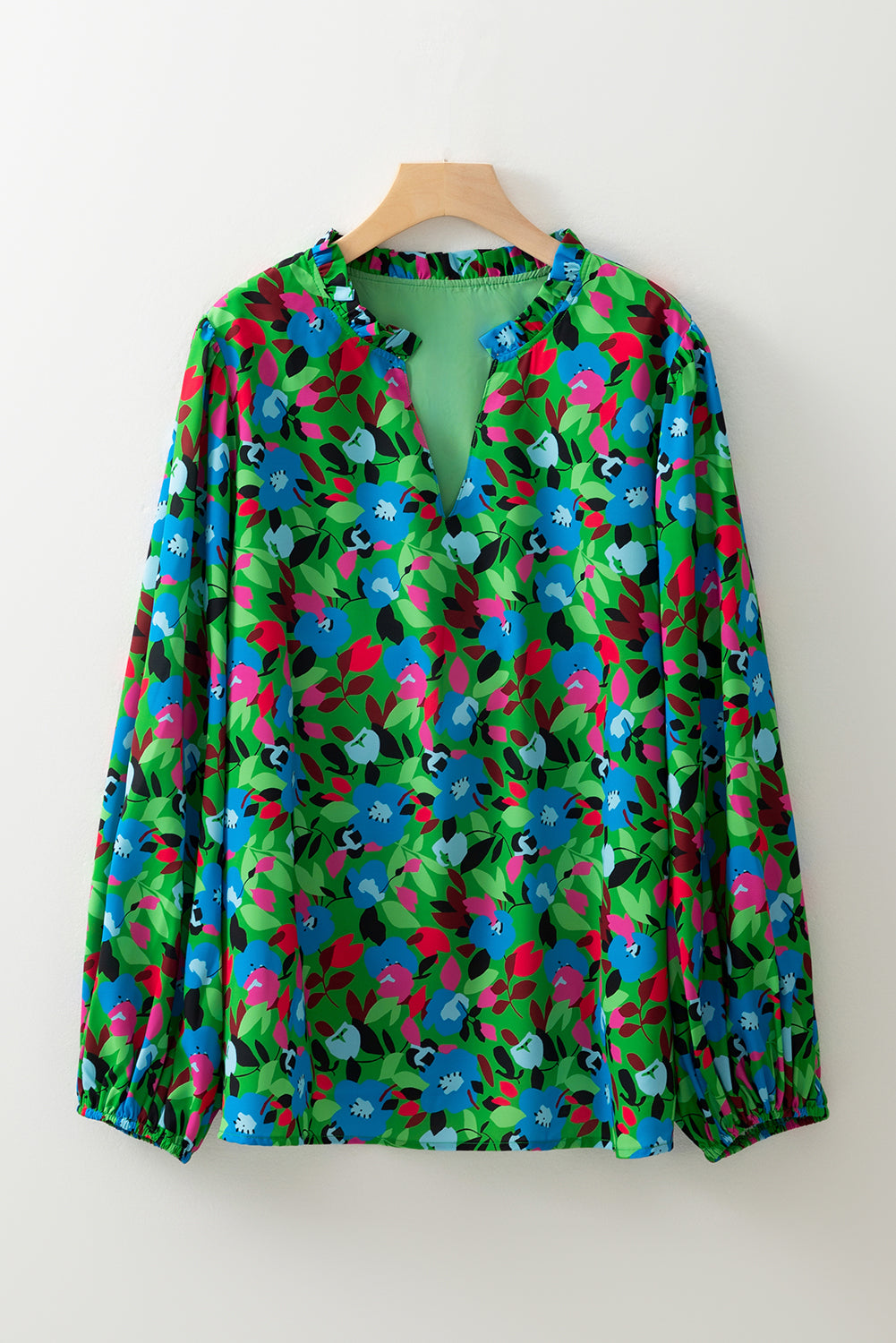 Green Plus Size Floral Puff Sleeve V Neck Blouse