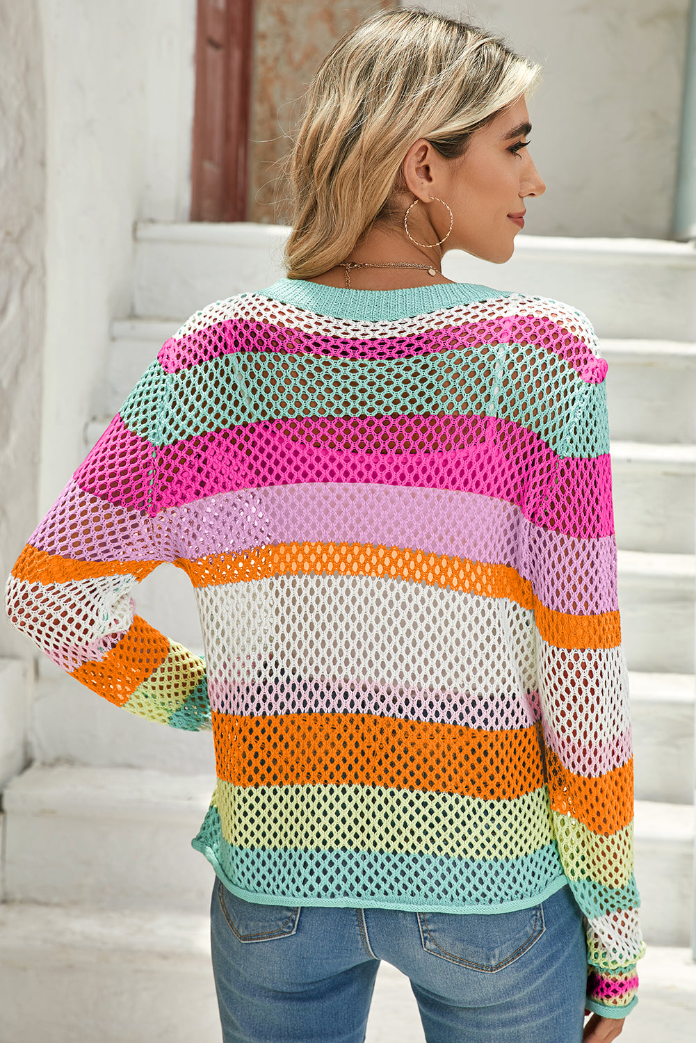 Rose Red Colorblock Striped Hollow Knitted Top