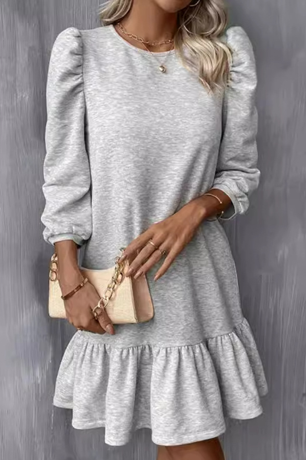 Light Grey Solid Color Ruffle Hem Bracelet sleeve Round Neck Dress