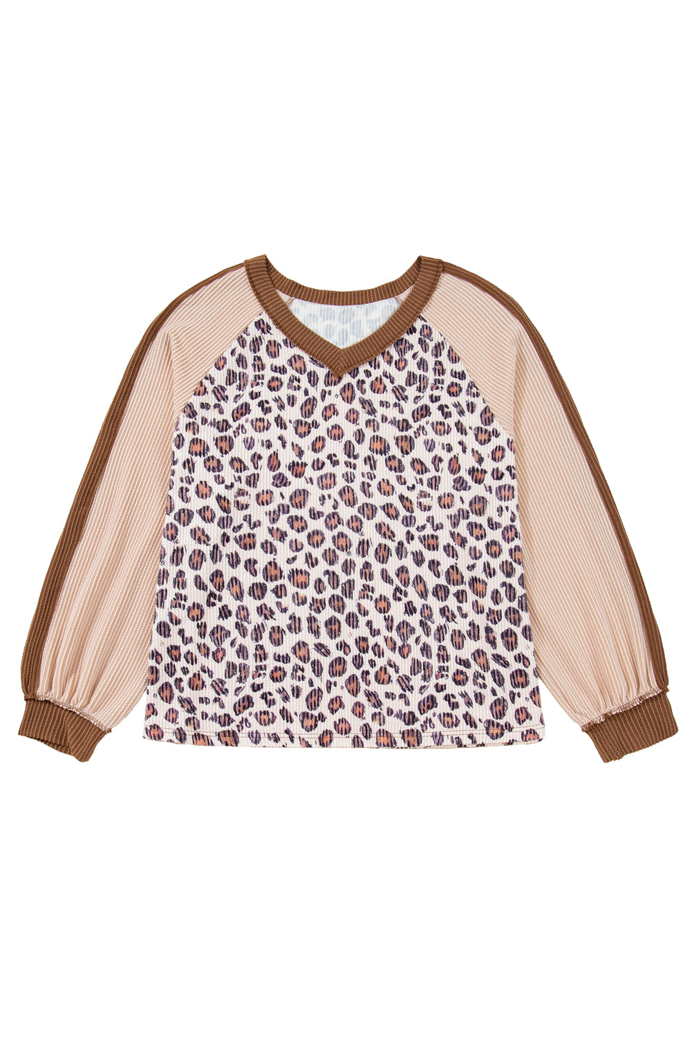 Parchment Leopard Colorblock Patchwork Twist Ribbed Plus Size Baggy Pullover
