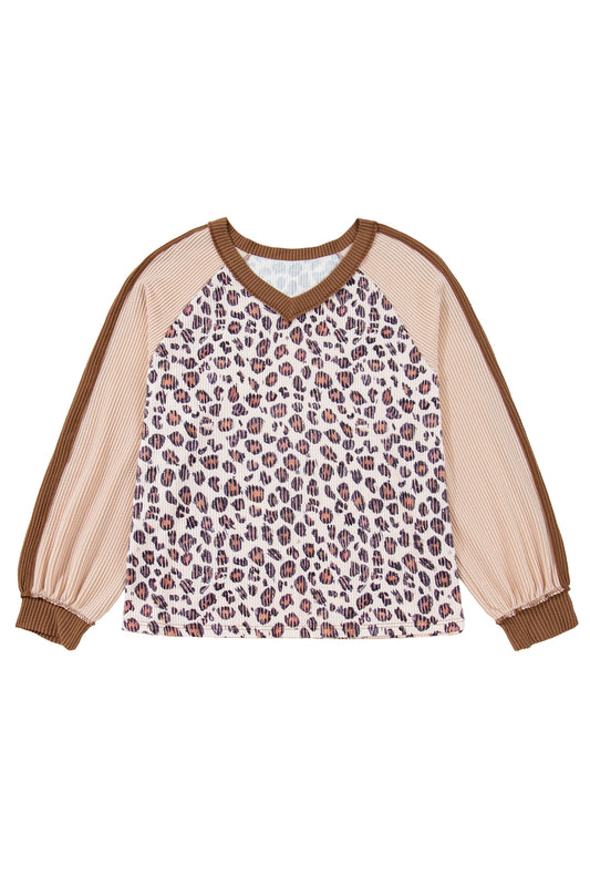 Parchment Leopard Colorblock Patchwork Twist Ribbed Plus Size Baggy Pullover
