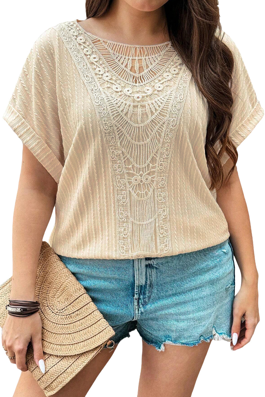 Beige Lace Crochet Patched Cable Textured Cuffed Short Sleeve Plus Size Top