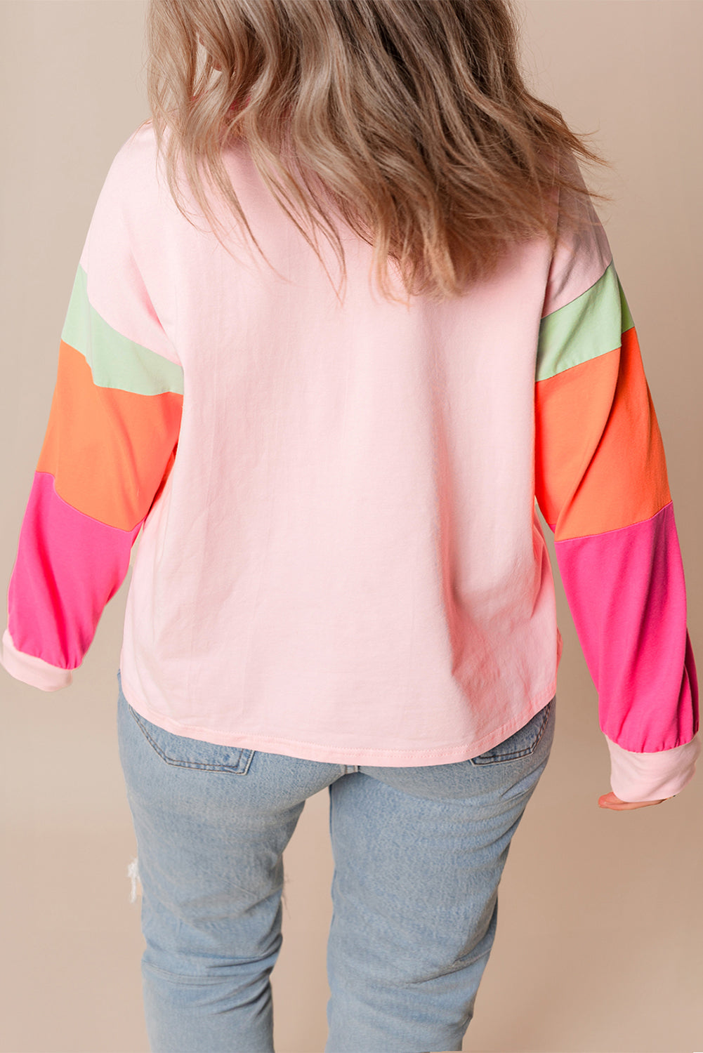 Pink Colorblock Long Sleeve Plus Size Top