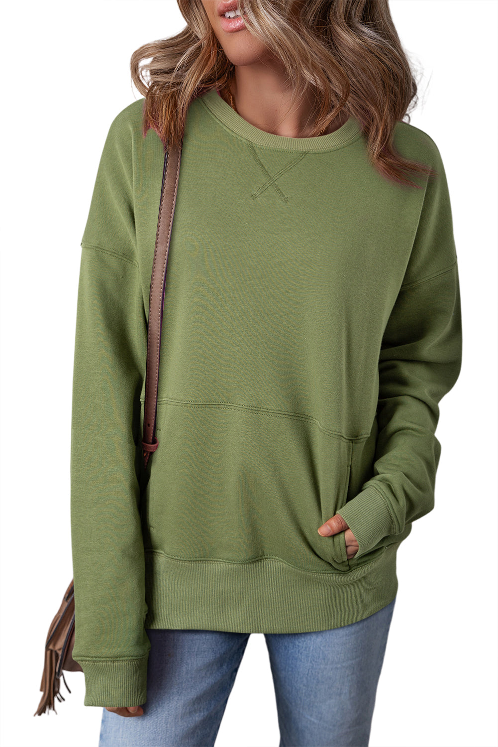 Rose Red Kangaroo Pocket Loose Fit Drop Shoulder Sweatshirt