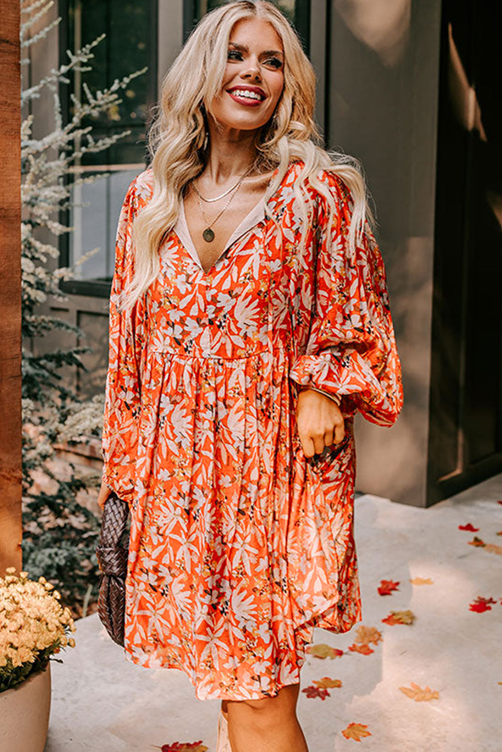 Orange Floral Print Split V Neck Bubble Sleeve Plus Size Midi Dress