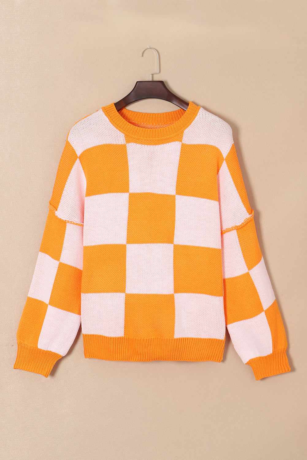 Rose Checkered Bishop Sleeve Pullover Sweater