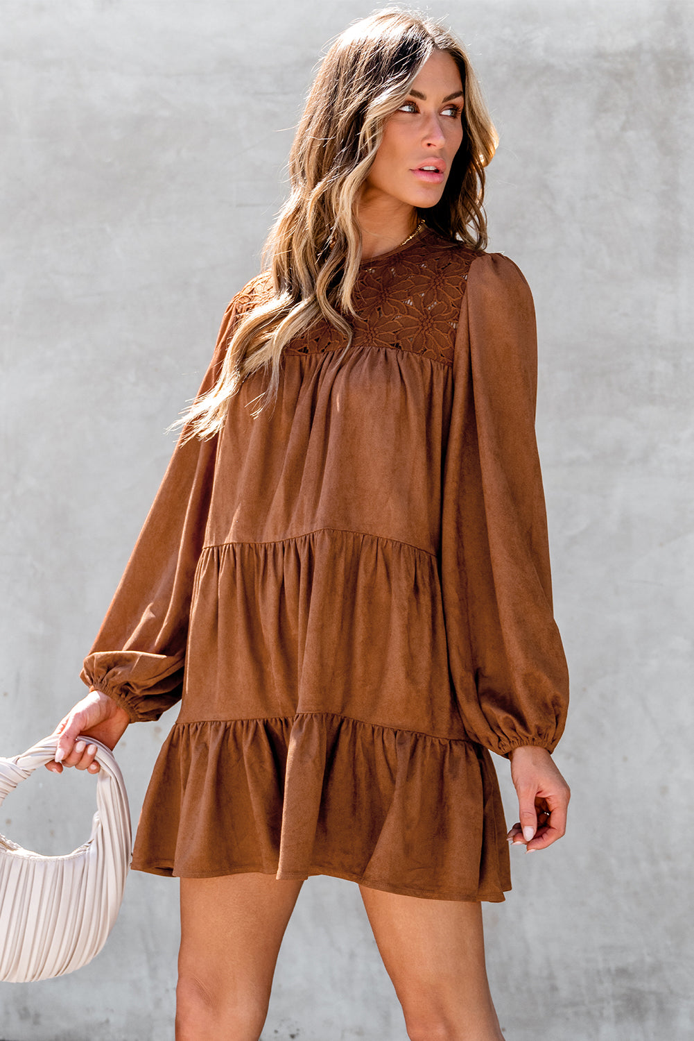 Chestnut Floral Lace Crochet Tiered Ruffle Mini Dress